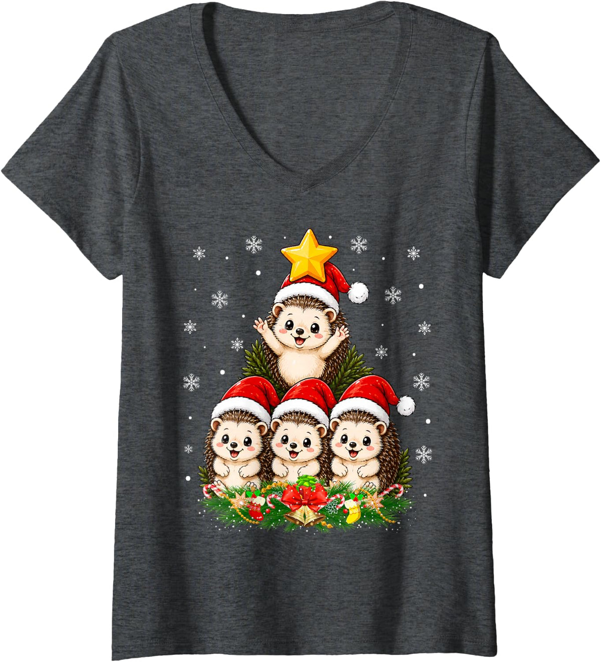 Women's Hedgehog Christmas Tree Cute Animal Festive Hedgehog Xmas V-Neck T-Shirt - Dark Heather Grey