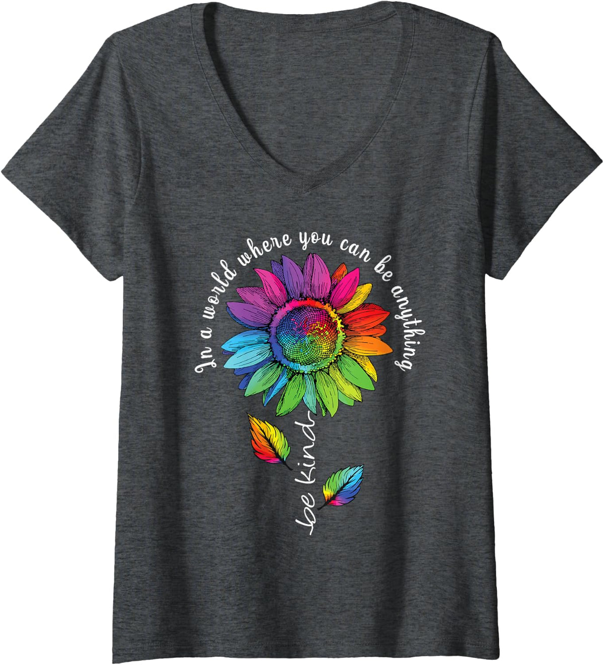Women's LGBTQ Rainbow Sunflower Be Kind Gay Love Pride Flower V-Neck T-Shirt - Dark Heather Grey