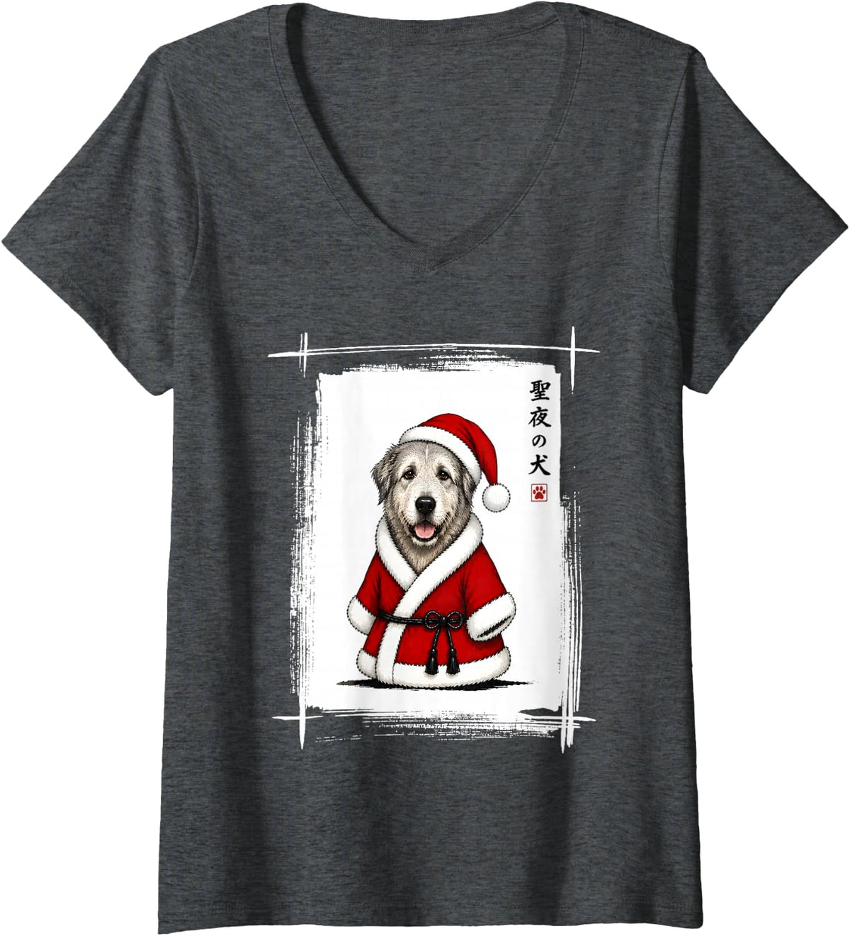 Women's Irish Wolfhound Christmas Japanese Art Funny Irish Wolfhound V-Neck T-Shirt - Dark Heather Grey