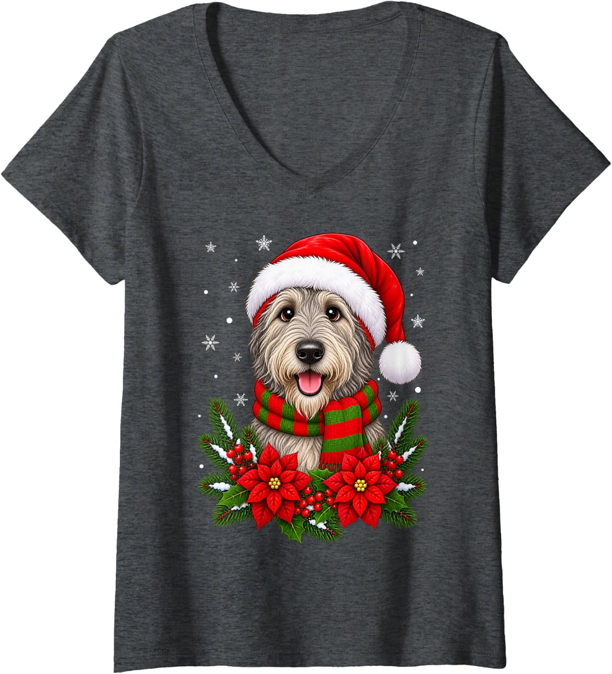 Women's Cute Festive Flowers Santa Hat Irish Wolfhound Dog Christmas V-Neck T-Shirt - Dark Heather Grey