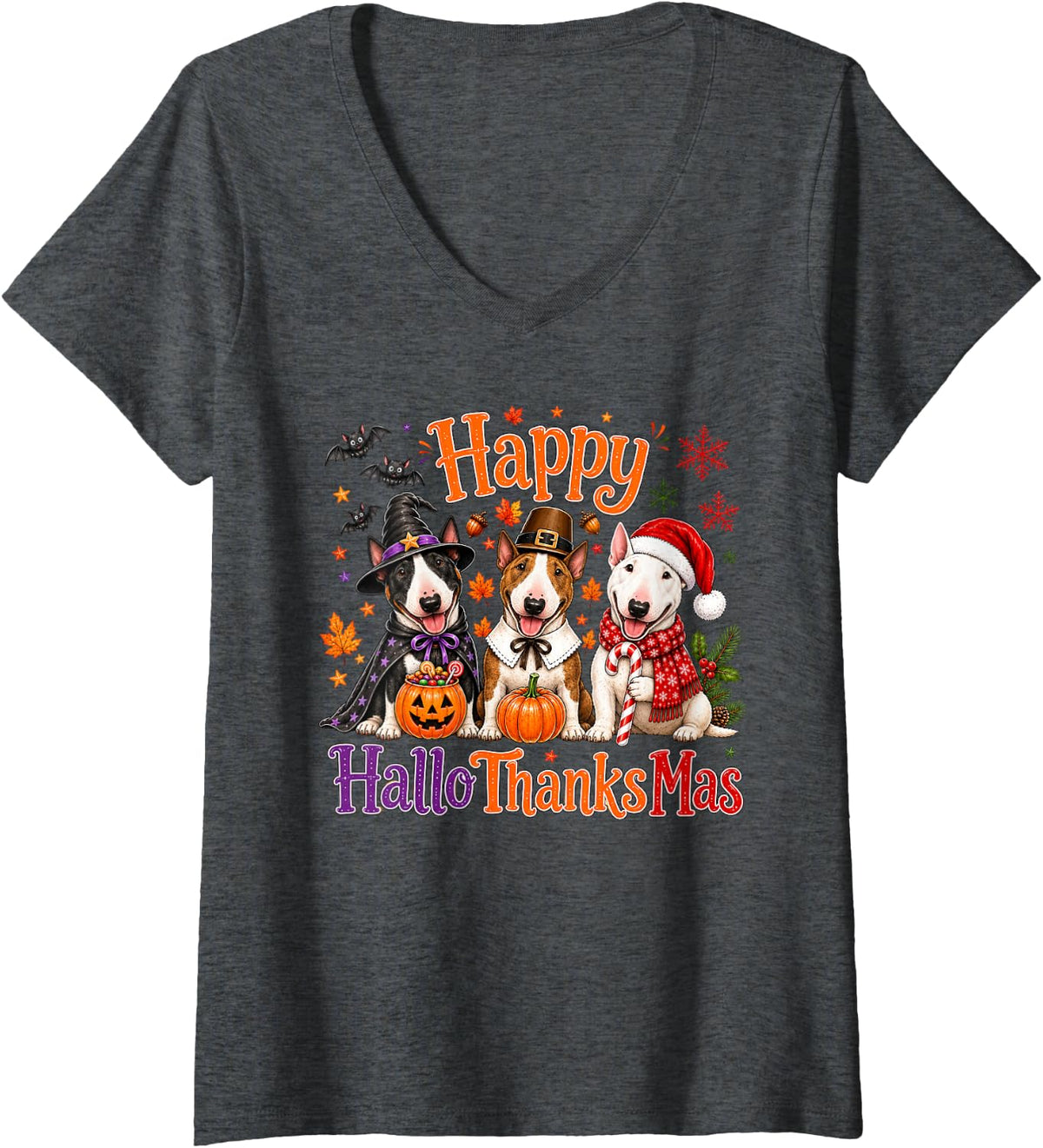 Women's Bull Terrier Happy Hallothanksmas Halloween Thanksgiving V-Neck T-Shirt - Dark Heather Grey