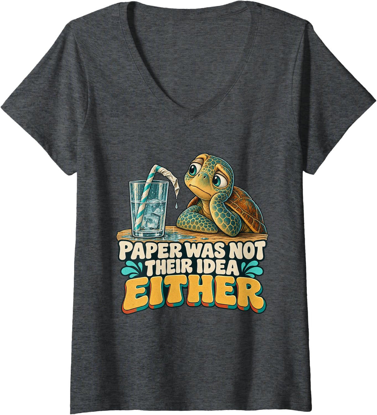 Women's Paper was Not Their Idea Either Sea Turtle Graphic V-Neck T-Shirt - Dark Heather Grey