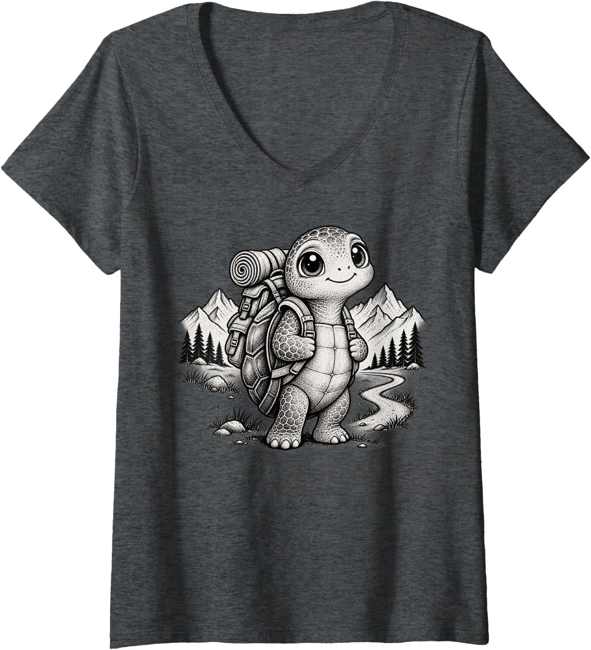 Women's Hiking Lover Humor Outdoor Backpacking Trail Turtle Hiker V-Neck T-Shirt - Dark Heather Grey
