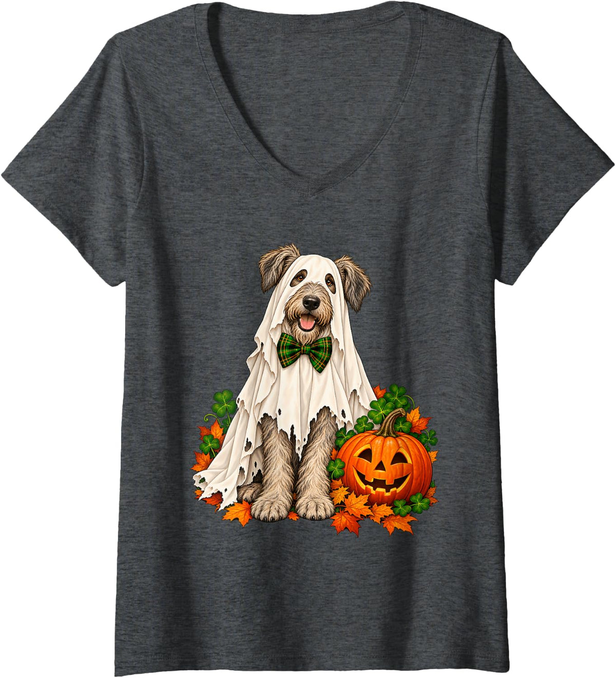 Women's Irish Wolfhound Ghost Halloween Pumpkin V-Neck T-Shirt - Dark Heather Grey