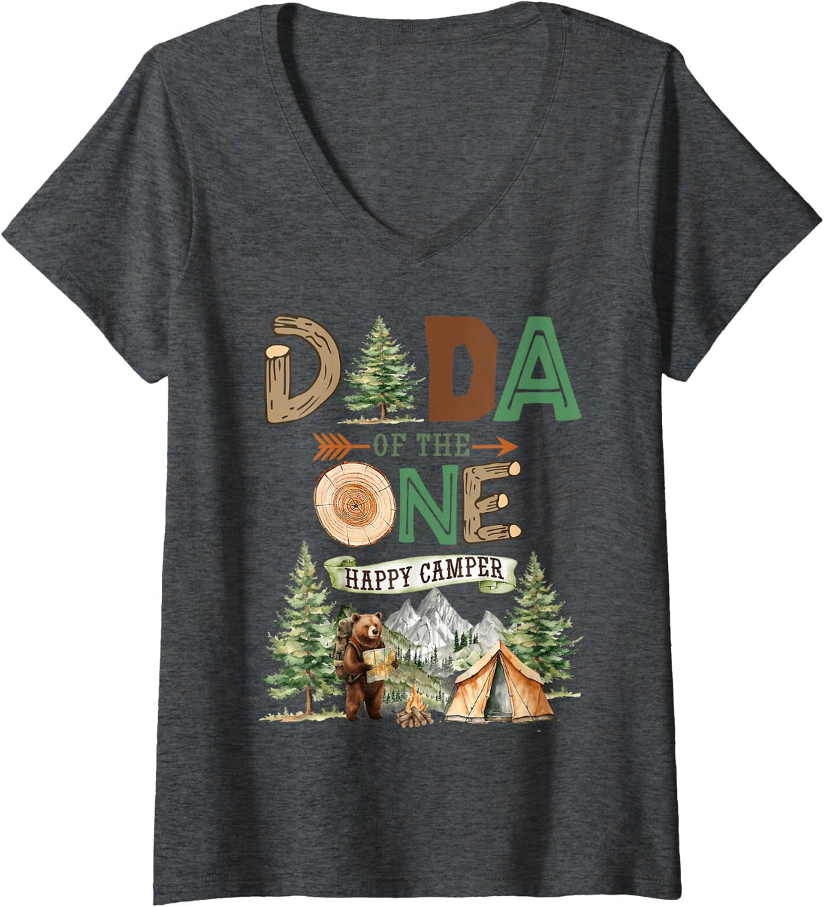 Women's Dada of The One Happy Camper 1st Birthday Camping V-Neck T-Shirt - Dark Heather Grey