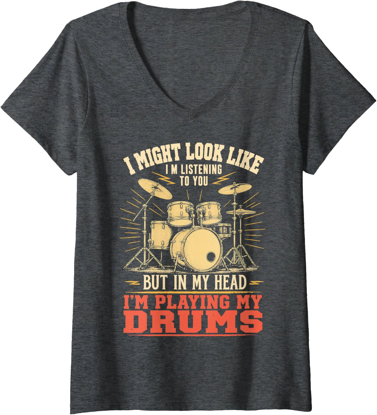 Women's Funny Drummer Percussion Drum Kit Vintage Drumming V-Neck T-Shirt - Dark Heather Grey
