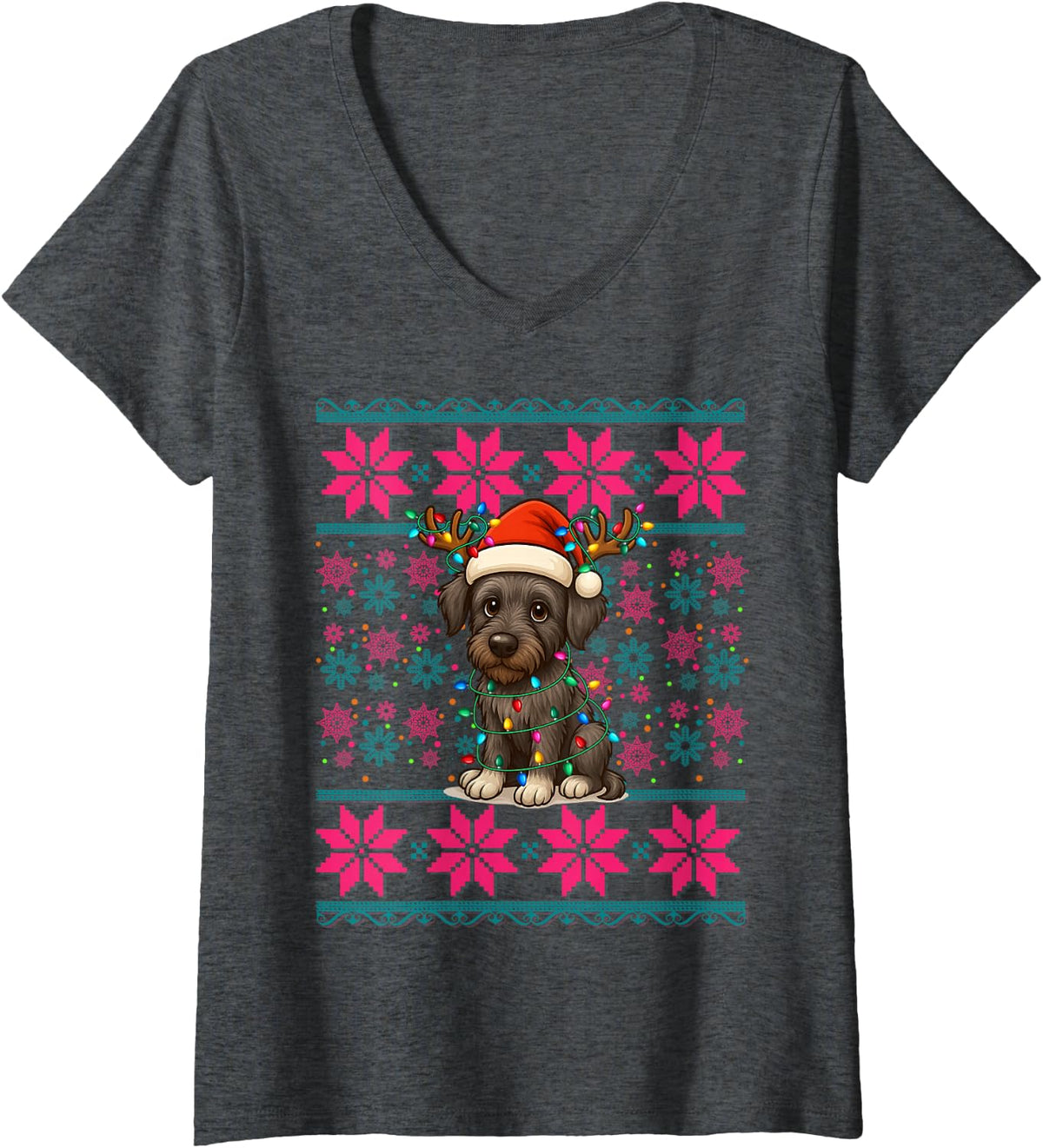 Women's Reindeer Santa Hat Ugly Christmas Irish Wolfhound Dog Girls V-Neck T-Shirt - Dark Heather Grey