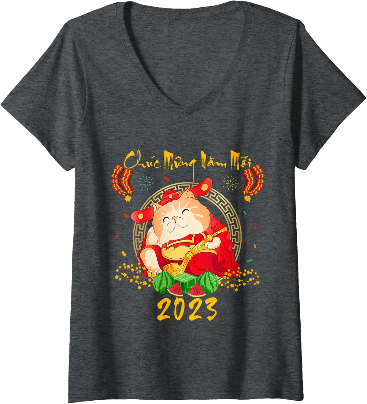 Women's Happy Vietnamese Lunar New Year 2023 Chuc Mung NAM Moi V-Neck T-Shirt - Dark Heather Grey