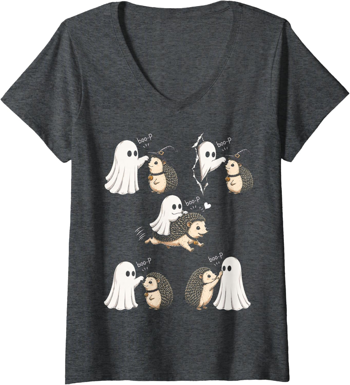 Women's Cool Hedgehog Boo P Ghost Nose Boop Halloween Costume V-Neck T-Shirt - Dark Heather Grey