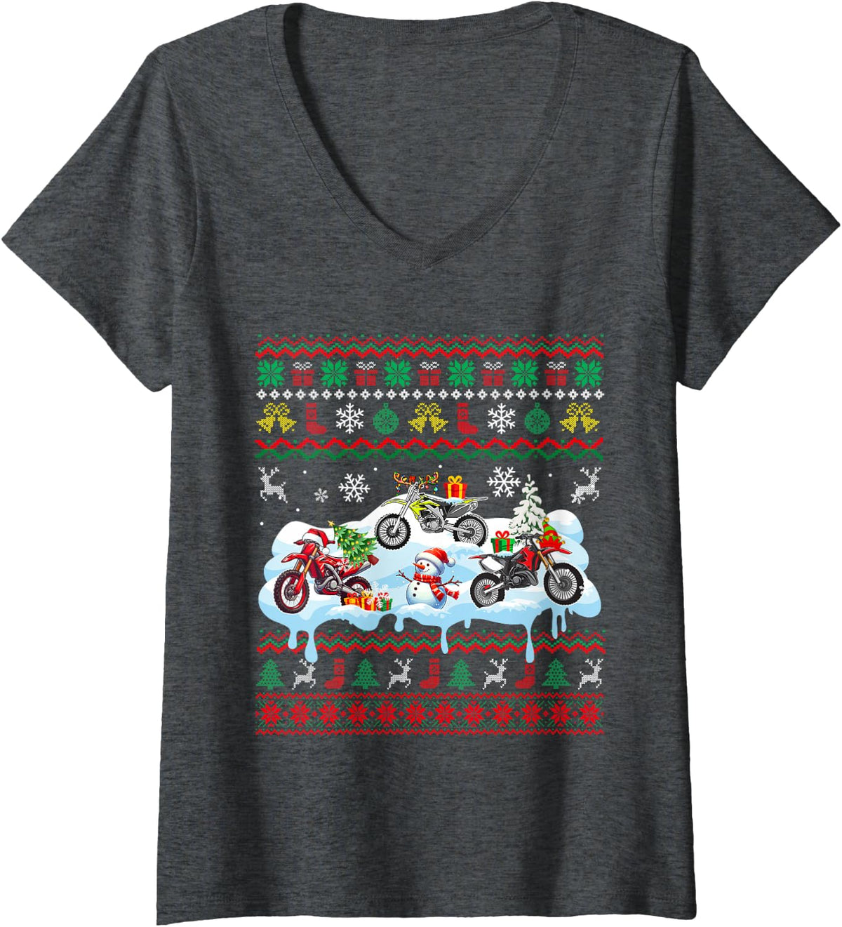 Women's Three Santa Elf Reindeer Dirt Bikes Biker Xmas Tree Sweater V-Neck T-Shirt - Dark Heather Grey