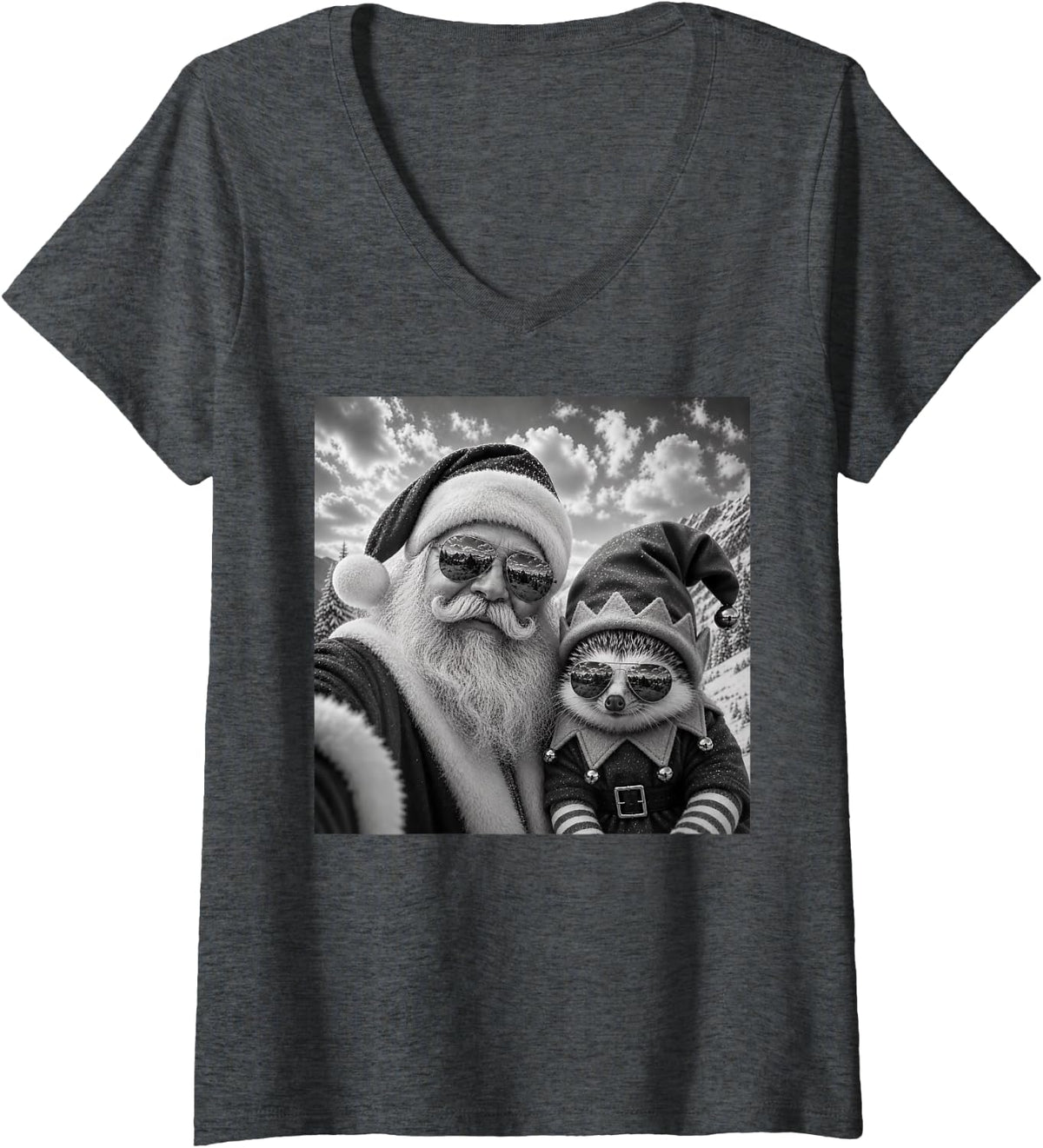 Women's Funny Santa Selfie with Hedgehog Christmas V-Neck T-Shirt - Dark Heather Grey