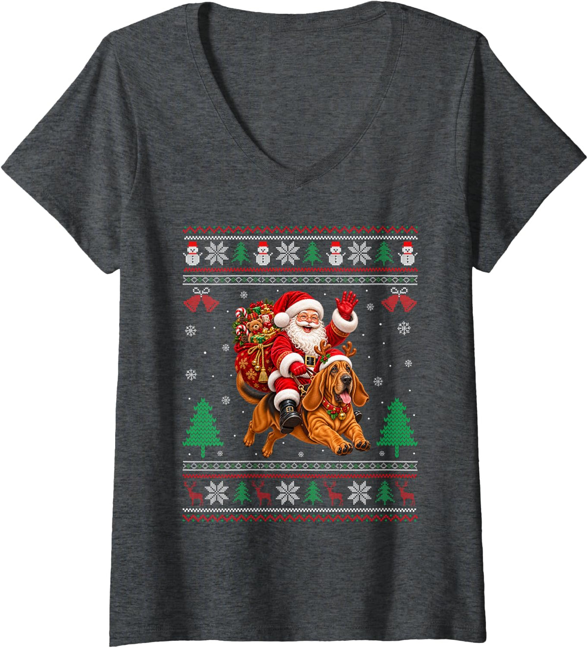 Women's Bloodhound Ugly Christmas Sweater Santa Riding Dog Xmas V-Neck T-Shirt - Dark Heather Grey