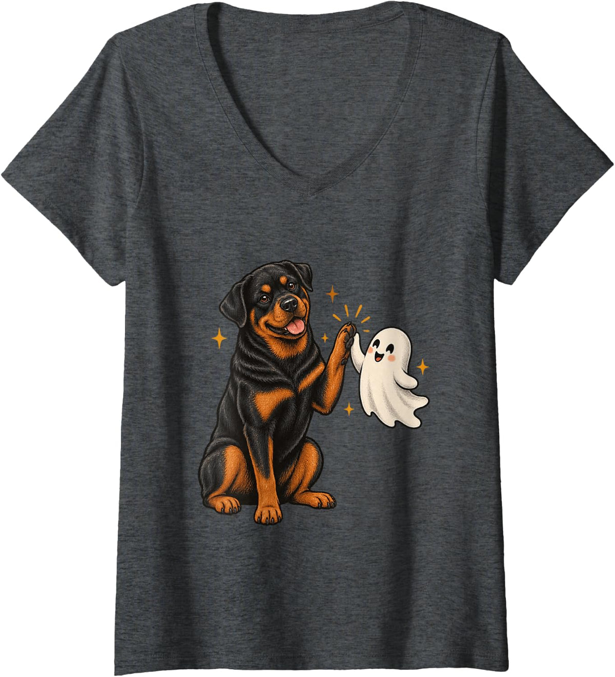 Women's Halloween Rottweiler Ghost Friend Spooky Fall V-Neck T-Shirt - Dark Heather Grey