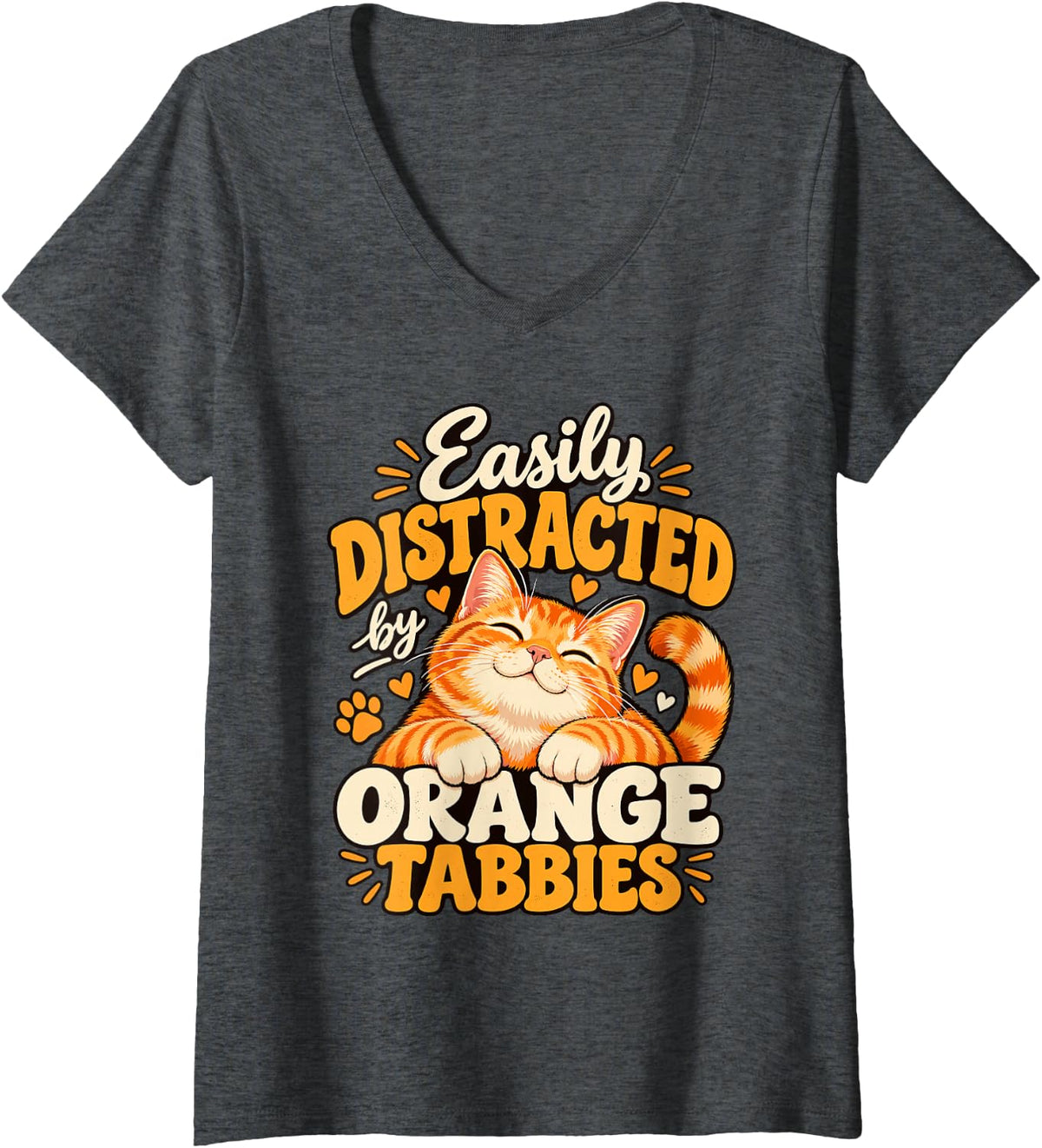 Women's Easily Distracted By Orange Tabbies Orange Cat V-Neck T-Shirt - Dark Heather Grey