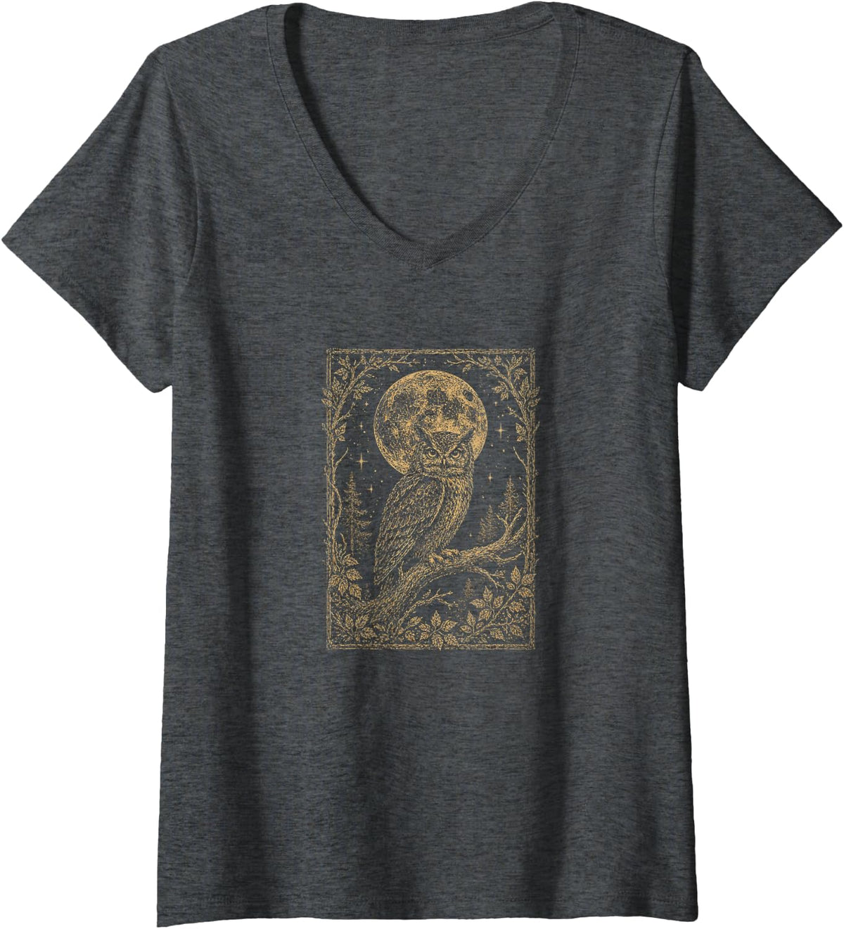 Women's Owl Lover Full Moon Celestial Night Forest Woodland Vintage V-Neck T-Shirt - Dark Heather Grey