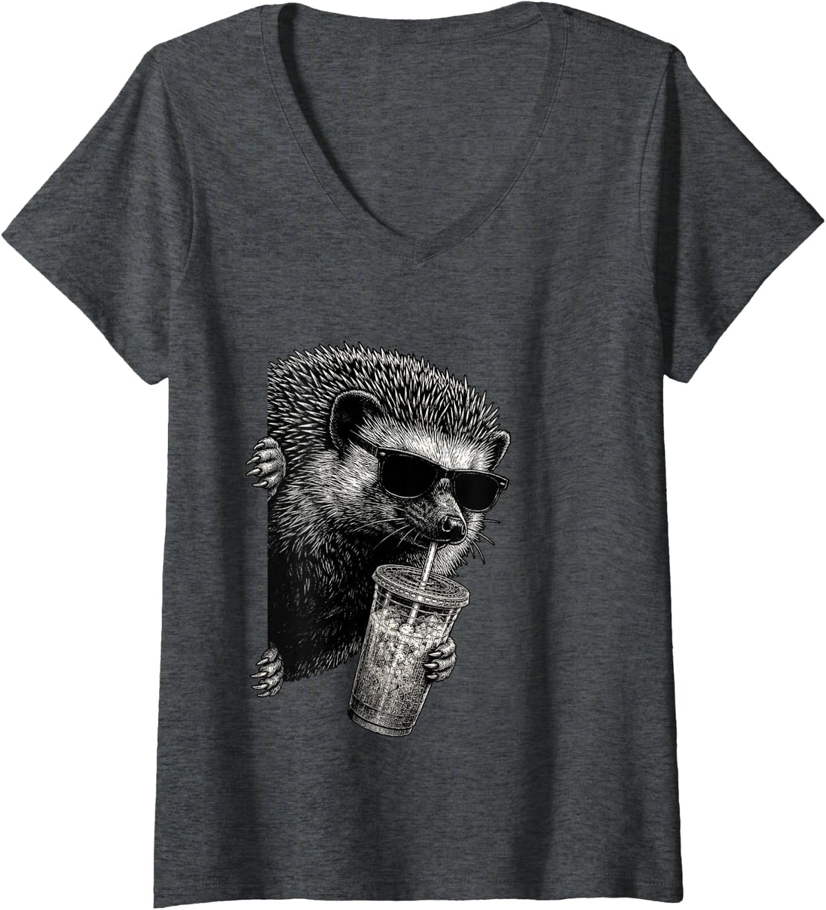 Women's Funny Hedgehog Peeking Drinking Iced Coffee Humor V-Neck T-Shirt - Dark Heather Grey