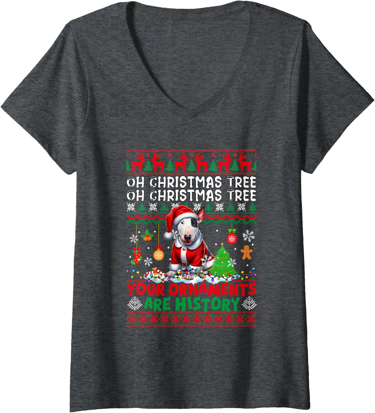 Women's Xmas Tree Ornaments are History Sweater Santa Bull Terrier V-Neck T-Shirt - Dark Heather Grey