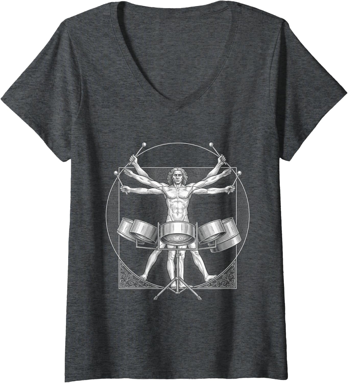 Women's Steel Drum Marching Band DA Vinci Steel Drummer Vintage V-Neck T-Shirt - Dark Heather Grey