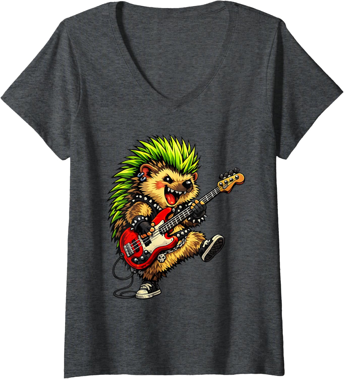 Women's Punk Hedgehog Funny Mohawk Hedgehog Rock Grunge Women Men V-Neck T-Shirt - Dark Heather Grey