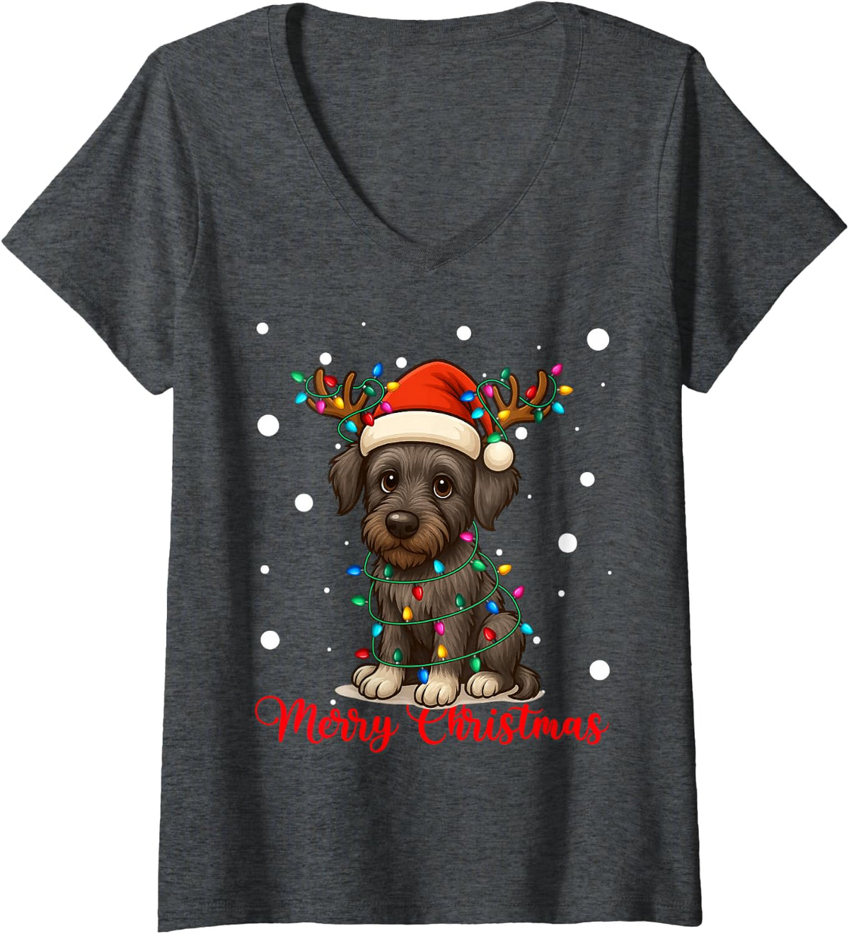 Women's Merry Christmas Cute Irish Wolfhound Dog Ugly Xmas Sweaters V-Neck T-Shirt - Dark Heather Grey