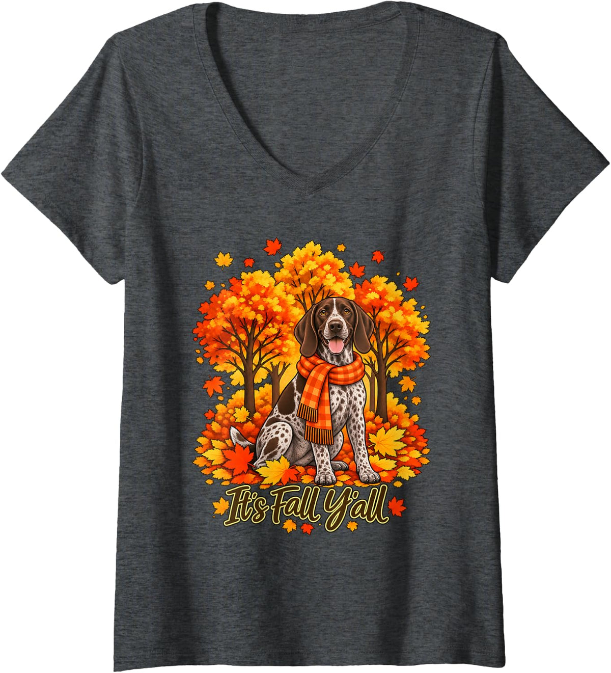 Women's It's Fall Y'all German Shorthaired Pointer Dog Tree Autumn V-Neck T-Shirt - Dark Heather Grey