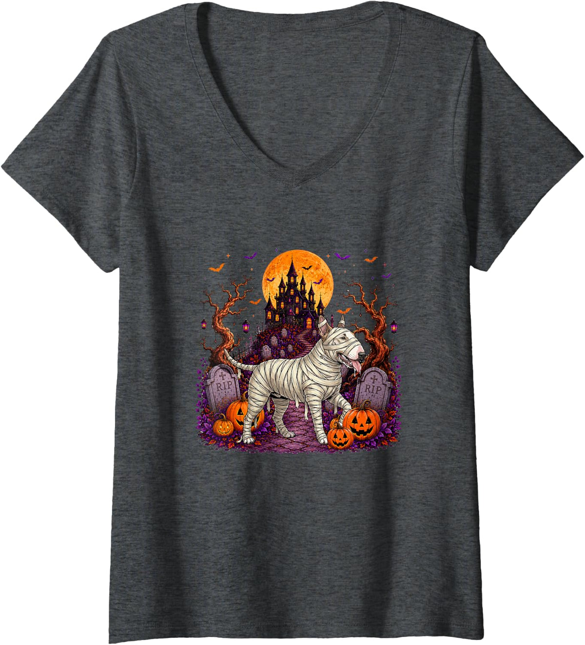 Women's Bull Terrier Cosplay Mummy Halloween Horror Carved Pumpkins V-Neck T-Shirt - Dark Heather Grey