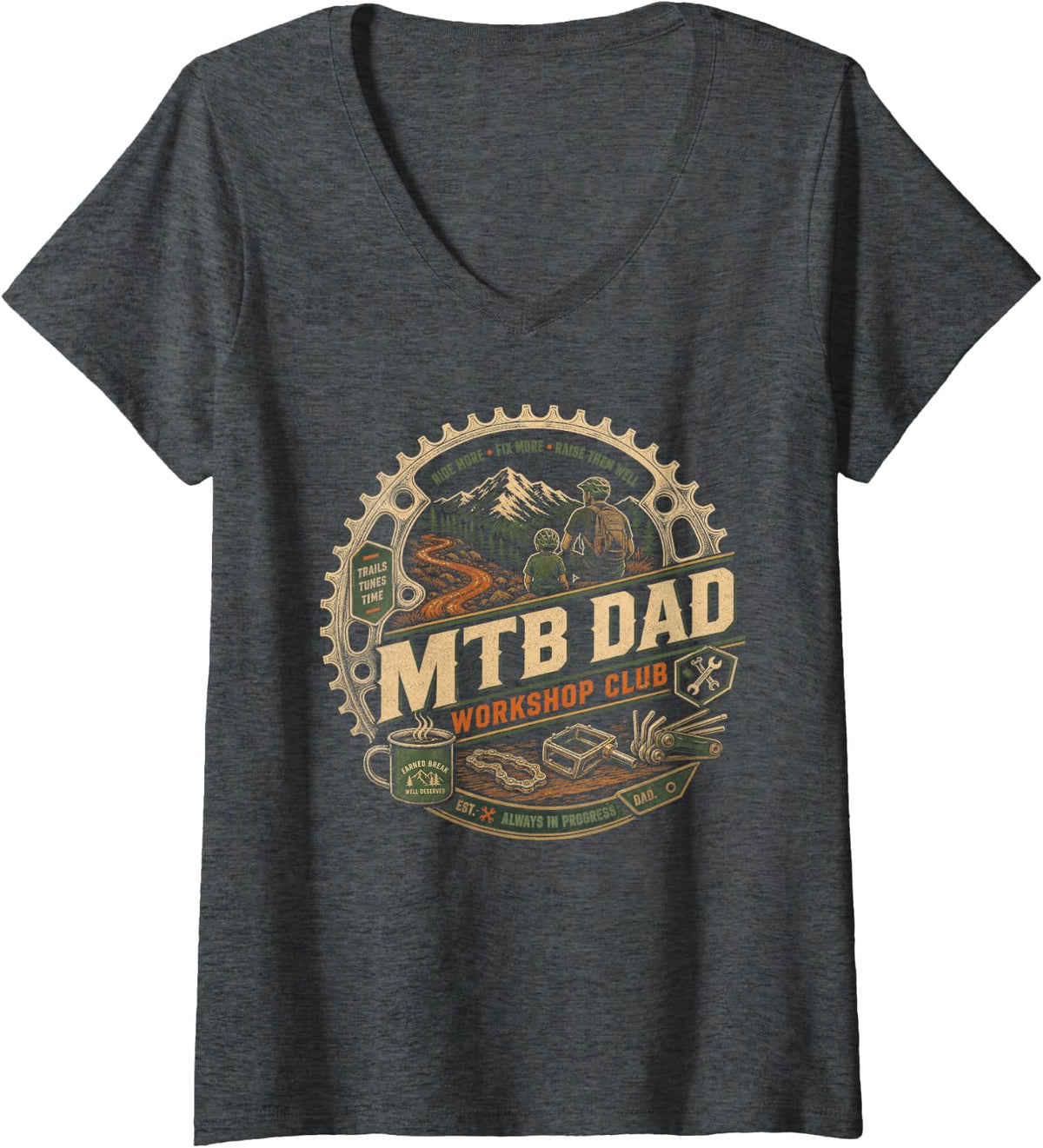 Women's MTB Dad Workshop Club Mountain Bike V-Neck T-Shirt - Dark Heather Grey