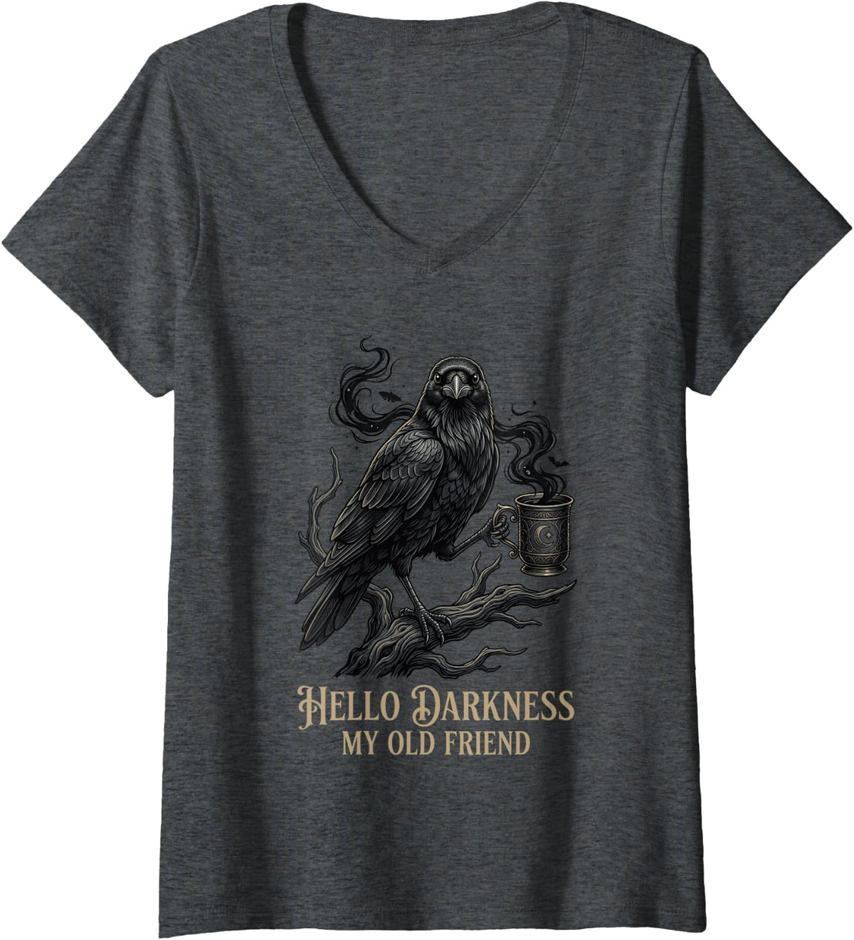 Women's Hello Darkness My Old Friend Gothic Raven Holding Coffee Mug V-Neck T-Shirt - Dark Heather Grey