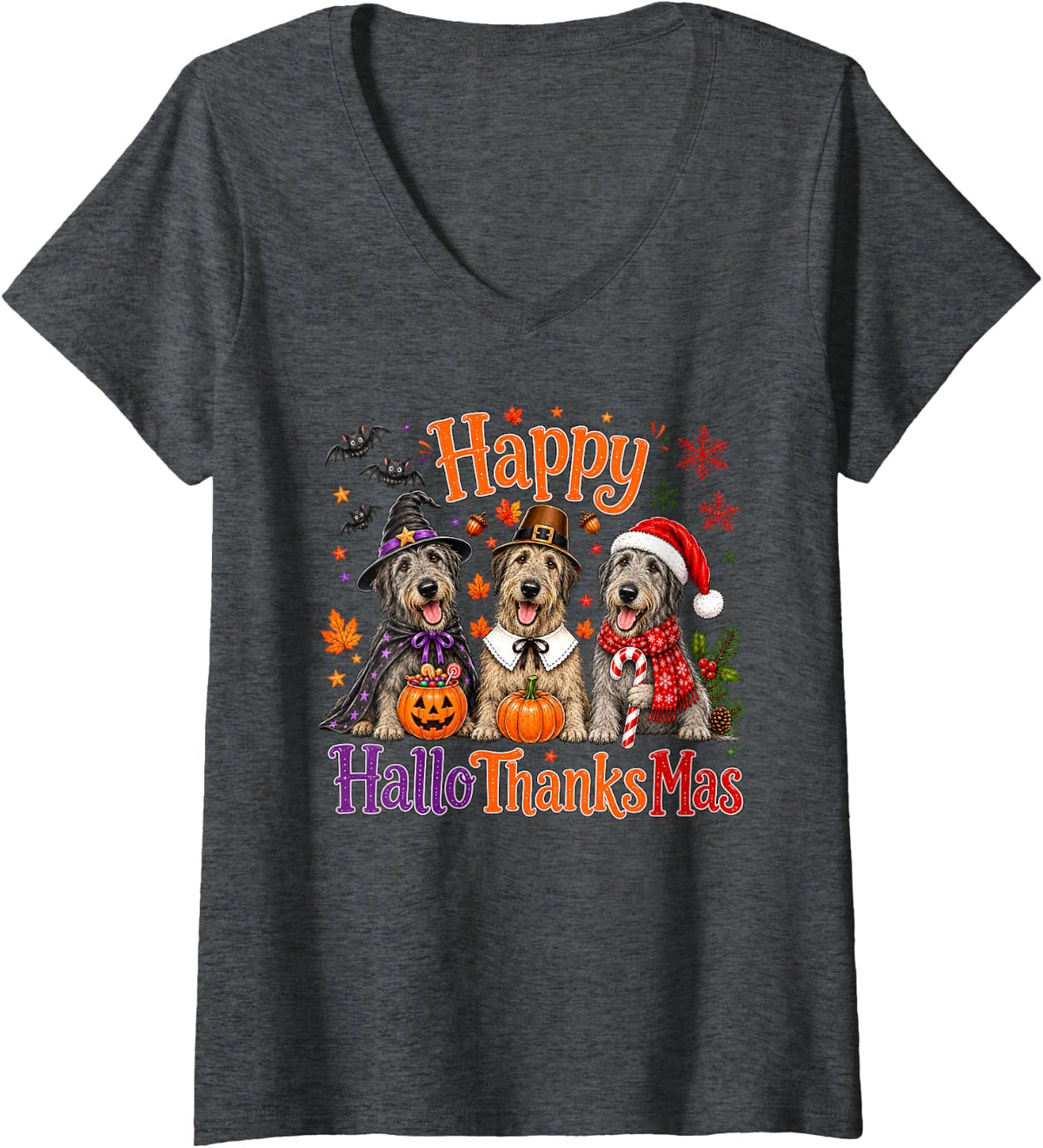 Women's Irish Wolfhound Happy Hallothanksmas Halloween Thanksgiving V-Neck T-Shirt - Dark Heather Grey