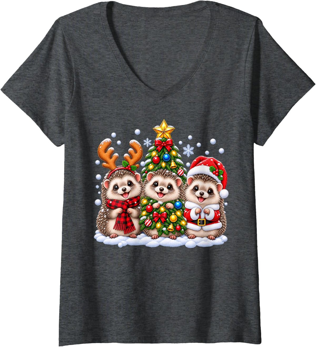 Women's Hedgehog Merry Christmas Santa Hat Holidays Xmas V-Neck T-Shirt - Dark Heather Grey