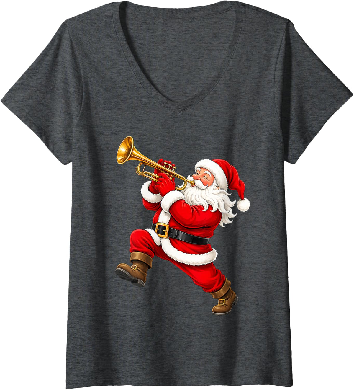 Women's Jolly Santa Playing Holiday Trumpet V-Neck T-Shirt - Dark Heather Grey