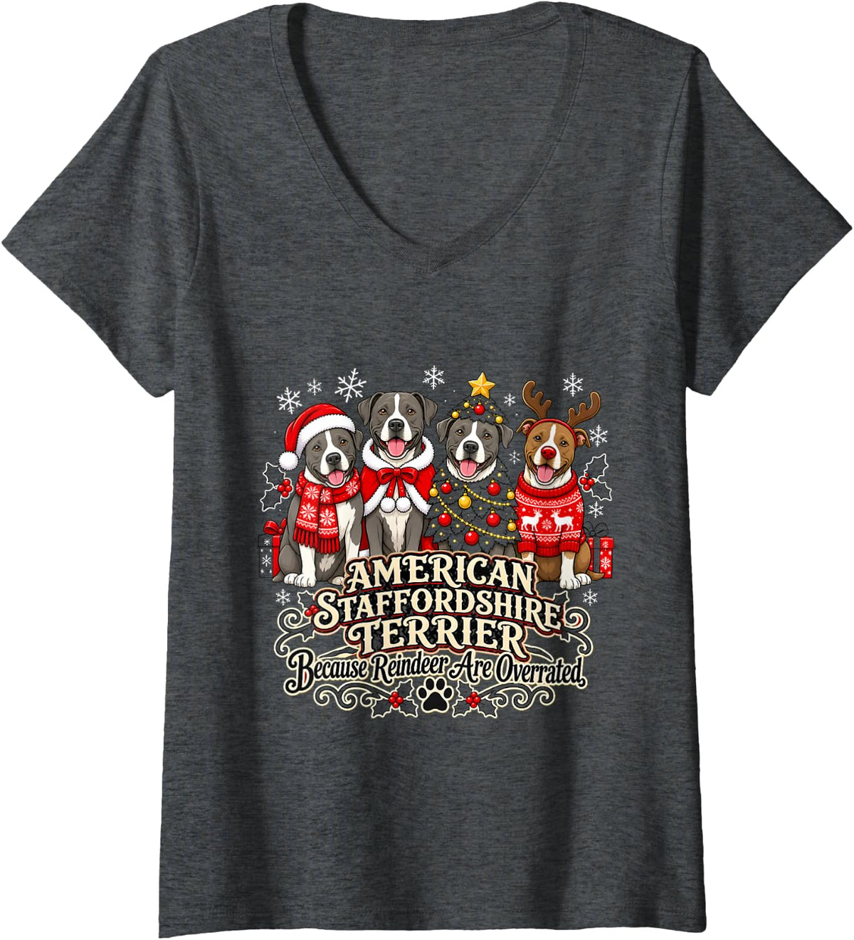 Women's American Staffordshire Terrier Christmas Fun V-Neck T-Shirt - Dark Heather Grey