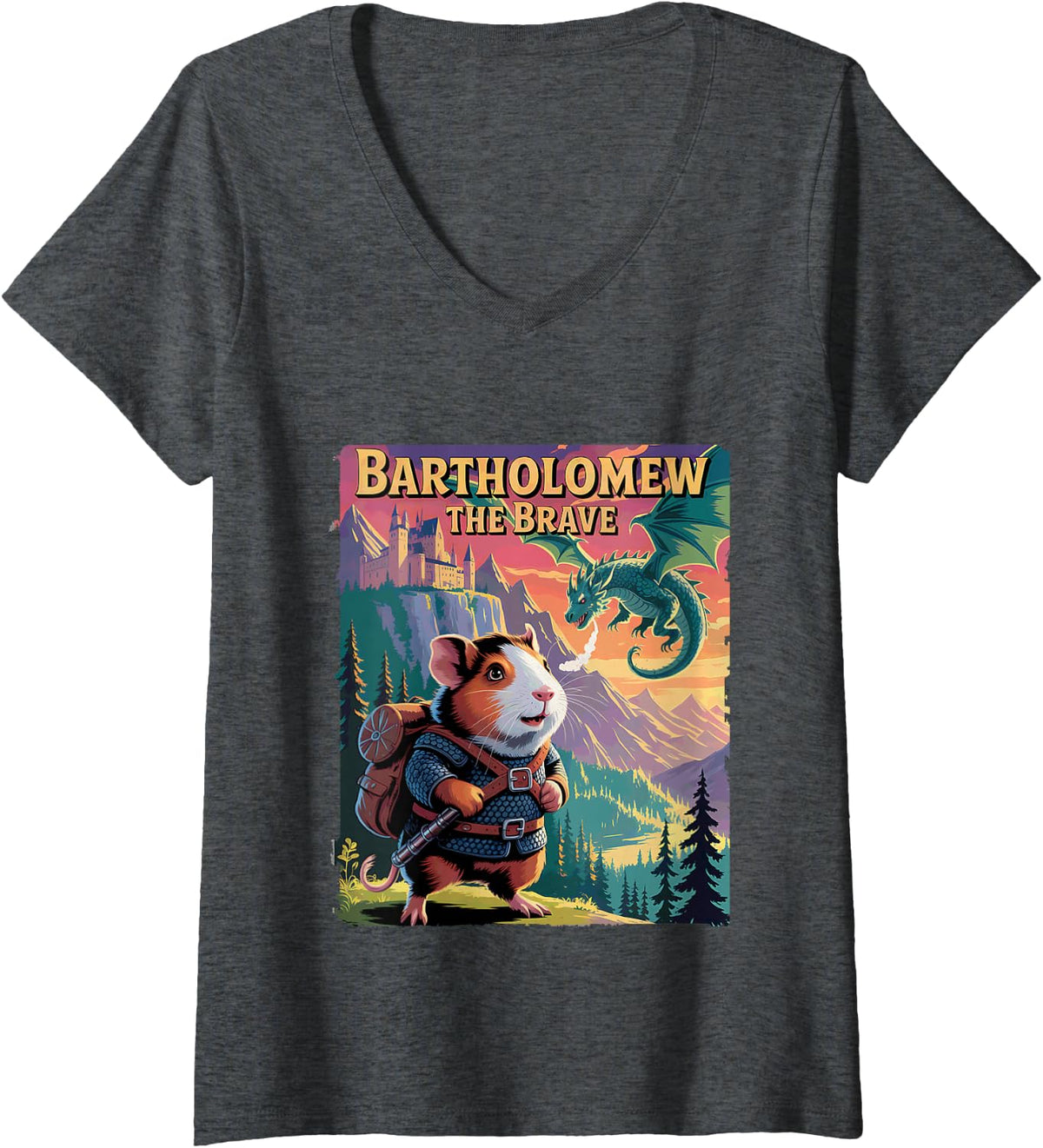 Women's Guinea Pig, Dragon's Castle Vintage Game Poster Medieval V-Neck T-Shirt - Dark Heather Grey