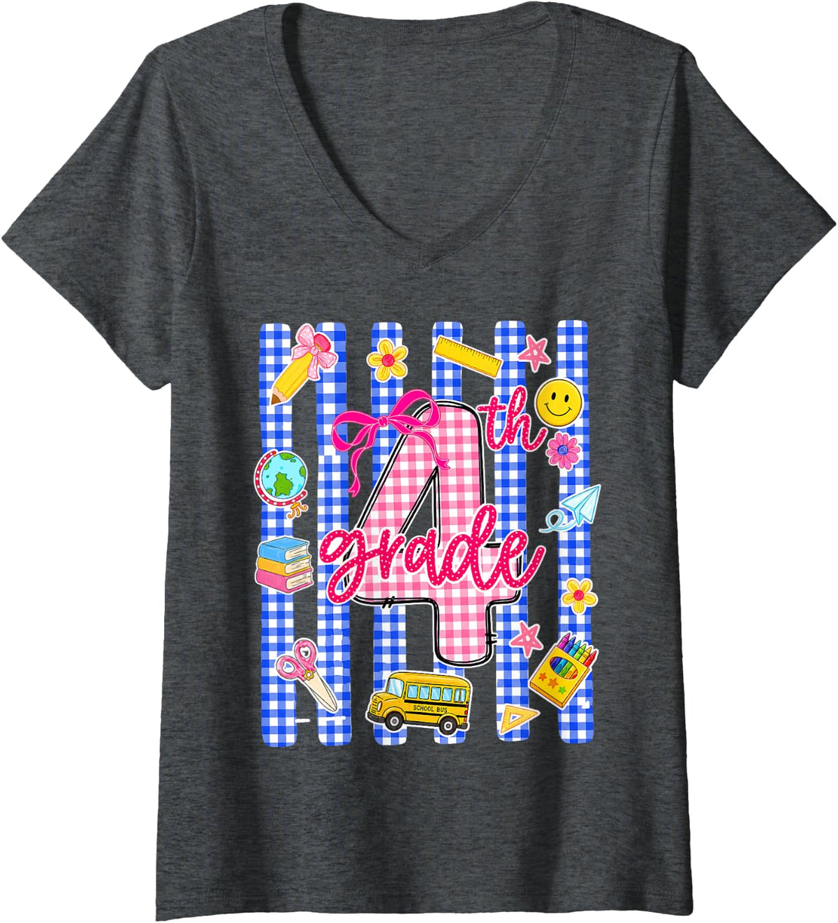 Women's Fourth Grade Cute First Day Back to School Student Teacher V-Neck T-Shirt - Dark Heather Grey