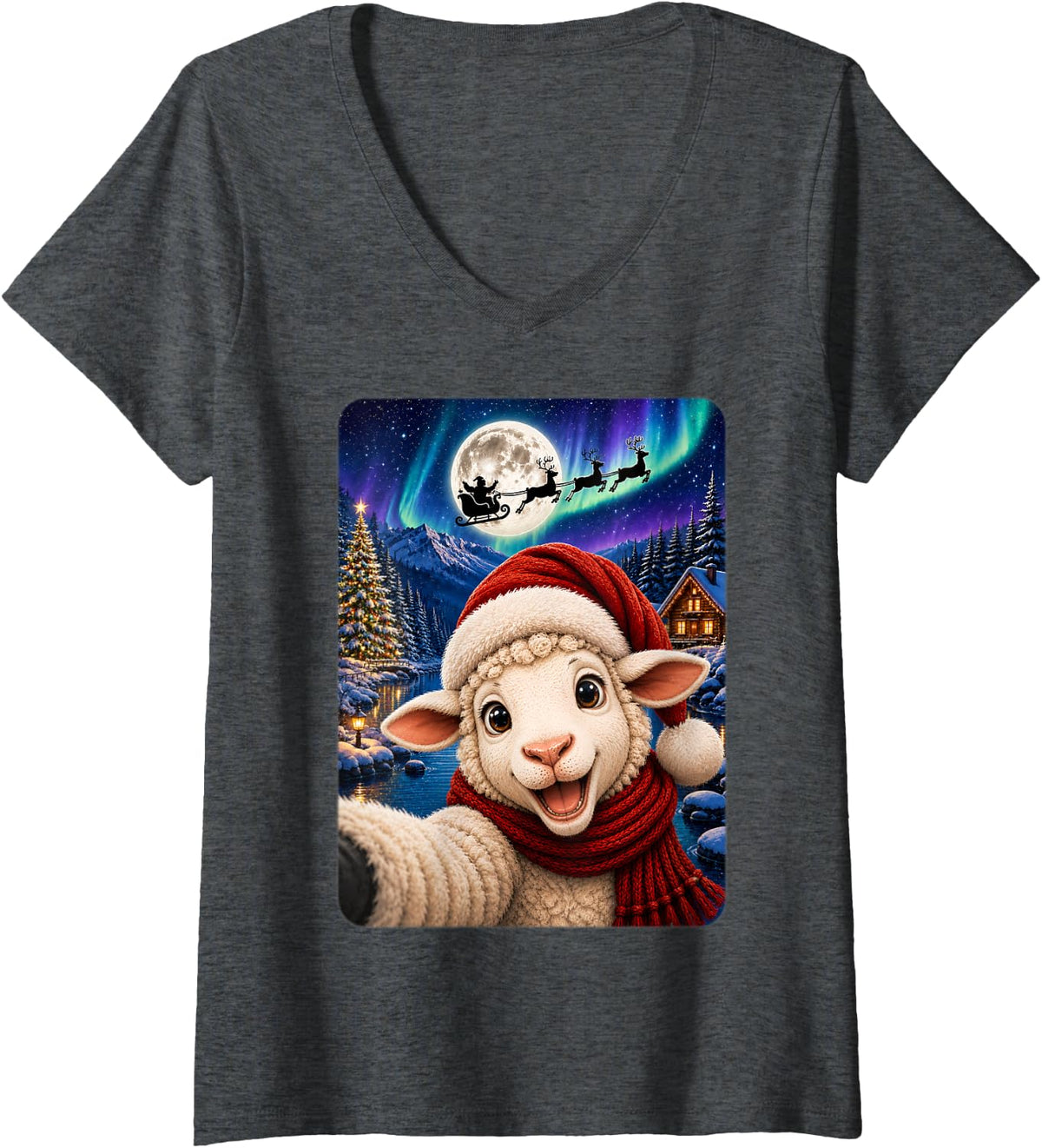 Women's Cute Holiday Winter Selfie Lamb Sheep Christmas V-Neck T-Shirt - Dark Heather Grey