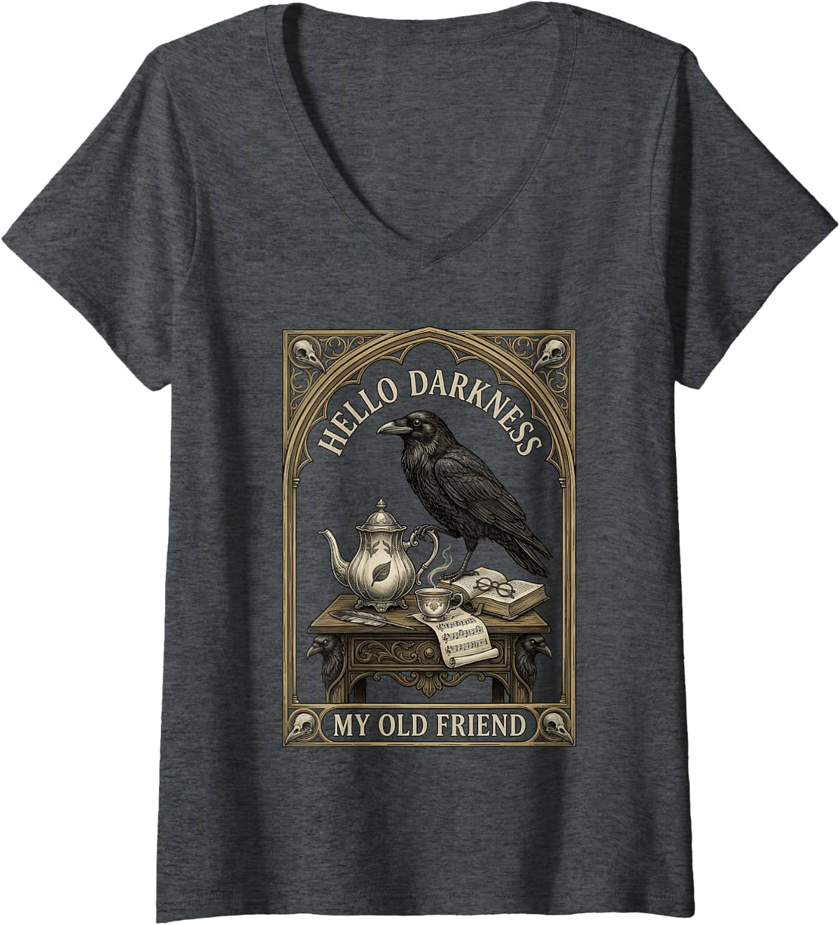 Women's Hello Darkness My Old Friend Gothic Raven Victorian Tea V-Neck T-Shirt - Dark Heather Grey
