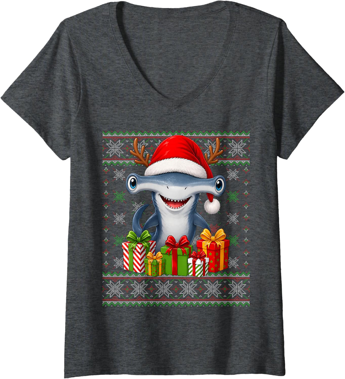 Women's Hammerhead Shark Xmas Ugly Sweaters Santa Shark Christmas V-Neck T-Shirt - Dark Heather Grey
