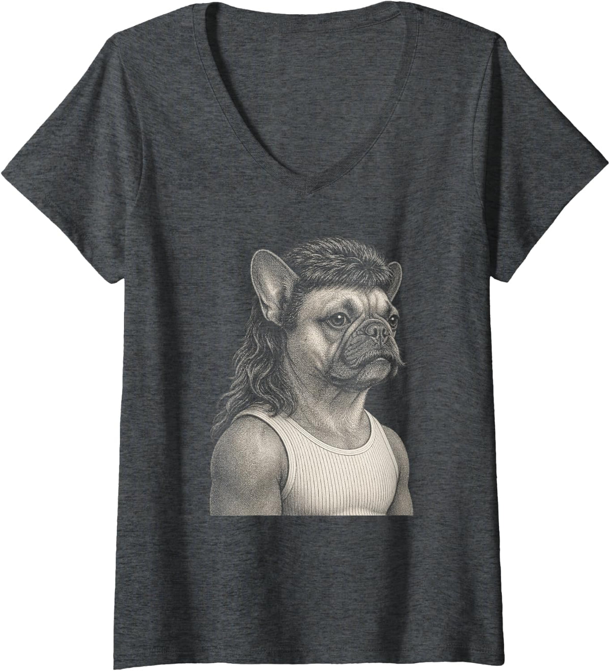 Women's French Bulldog Mullet Men Funny Meme V-Neck T-Shirt - Dark Heather Grey