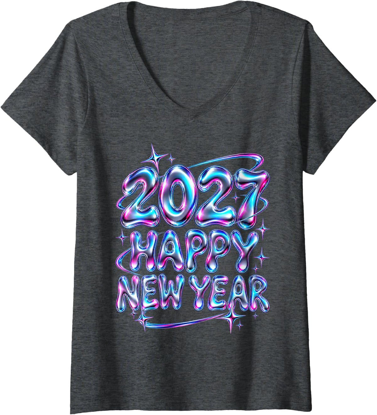 Women's Happy New Year 2027 Y2K Retro Futuristic Celebration Bubbles V-Neck T-Shirt - Dark Heather Grey