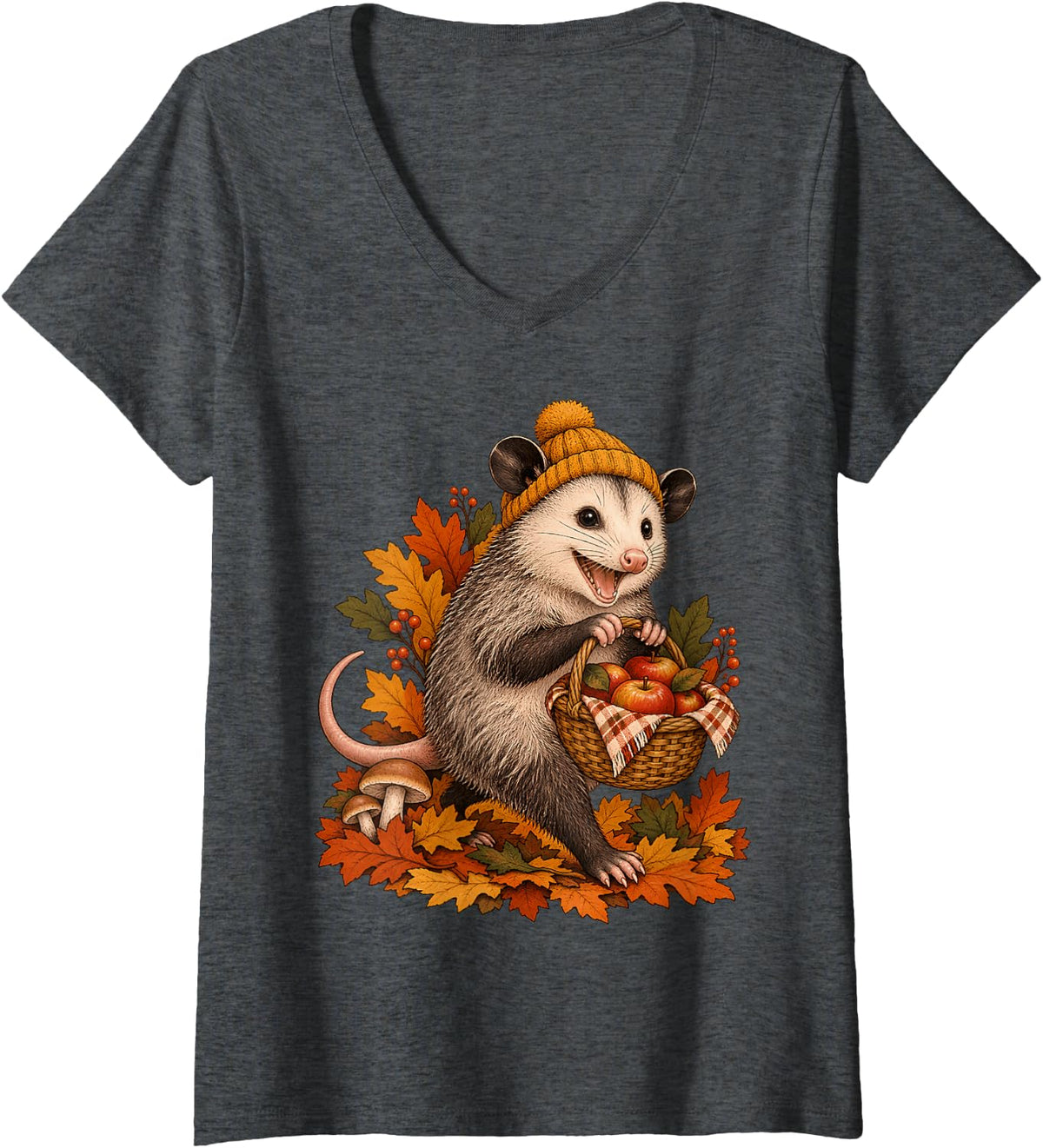 Women's Funny Opossum Apple Picking Basket Fall Autumn V-Neck T-Shirt - Dark Heather Grey