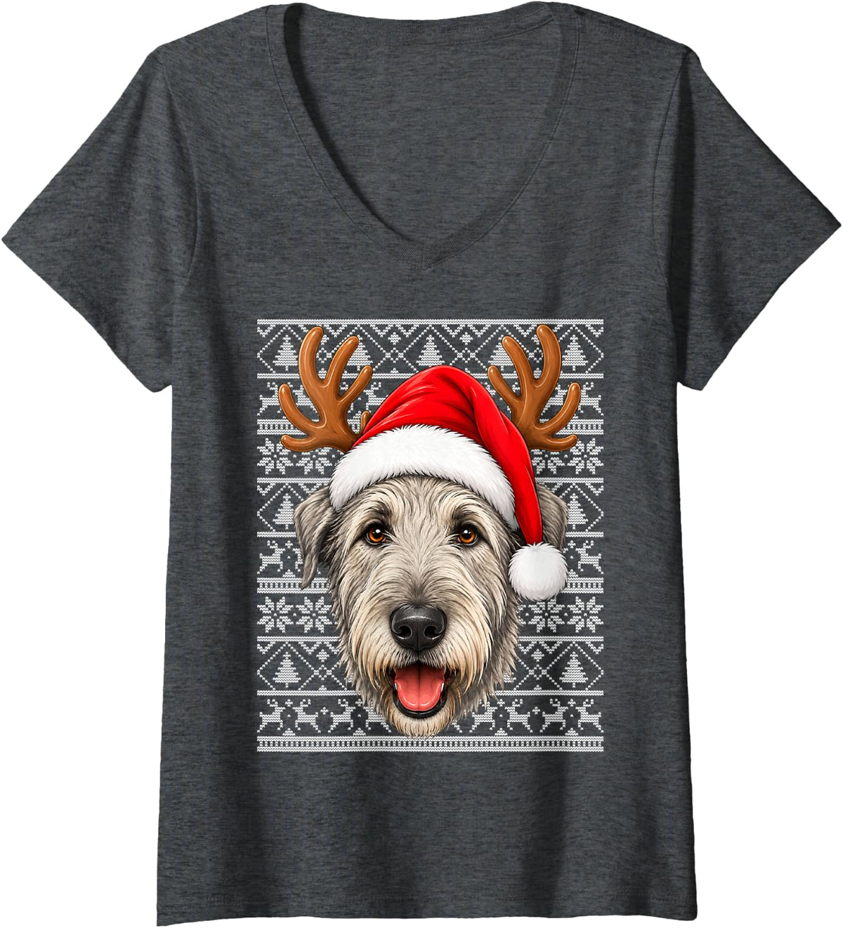 Women's Irish Wolfhound Dog Christmas Santa Hat Ugly Sweater Xmas V-Neck T-Shirt - Dark Heather Grey