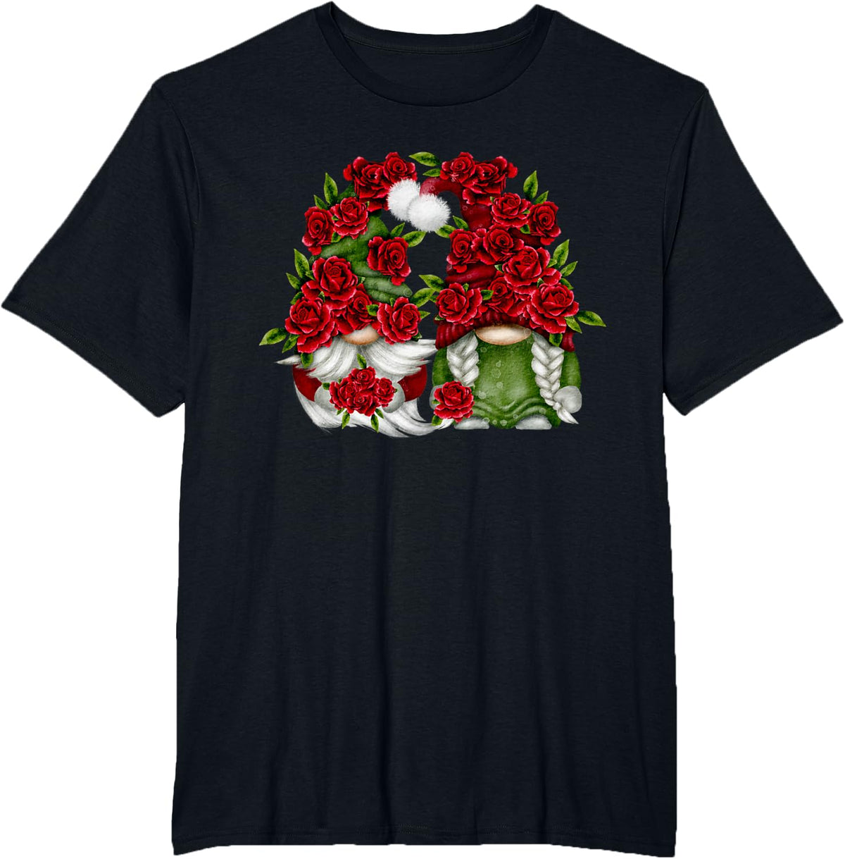 Cute Red Roses For Mom And Grandma With Valentines Gnome T-Shirt - Black