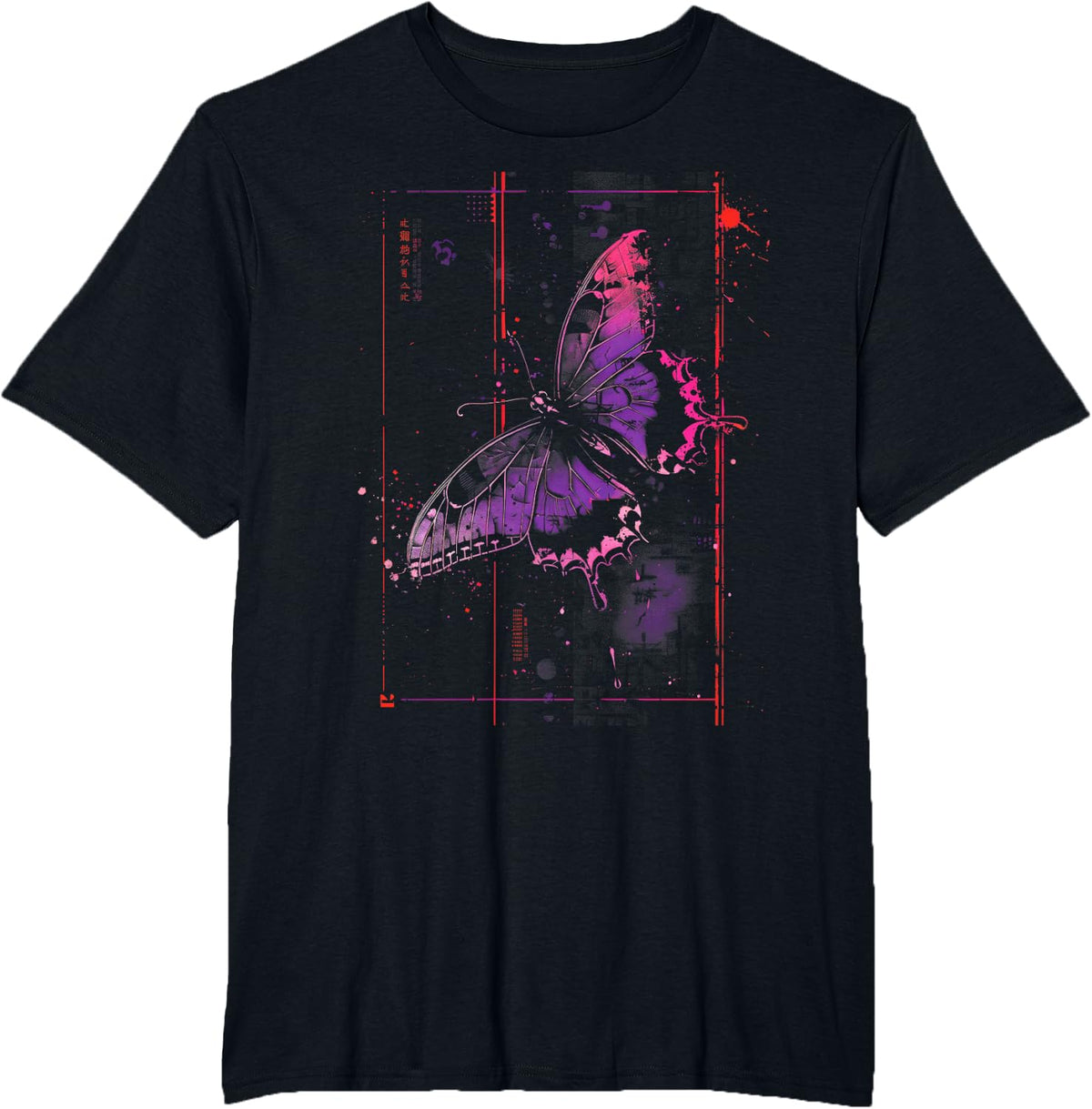Anime Japanese Goth Cyberpunk City Butterfly Art Colorful T-Shirt - Black