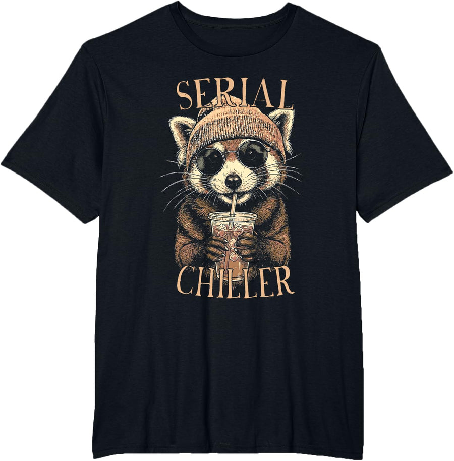 Red Panda Chiller Beanie Iced Coffee T-Shirt - Black