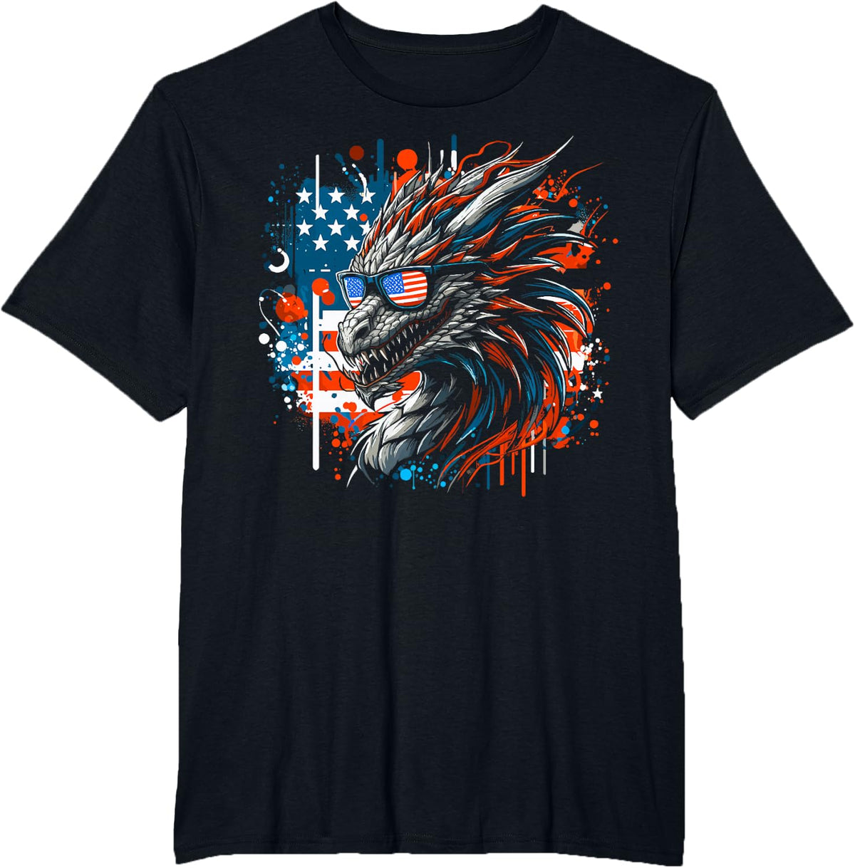 4th of July Patriotic Dragon Fantasy Blue & Red Dragon USA T-Shirt - Black
