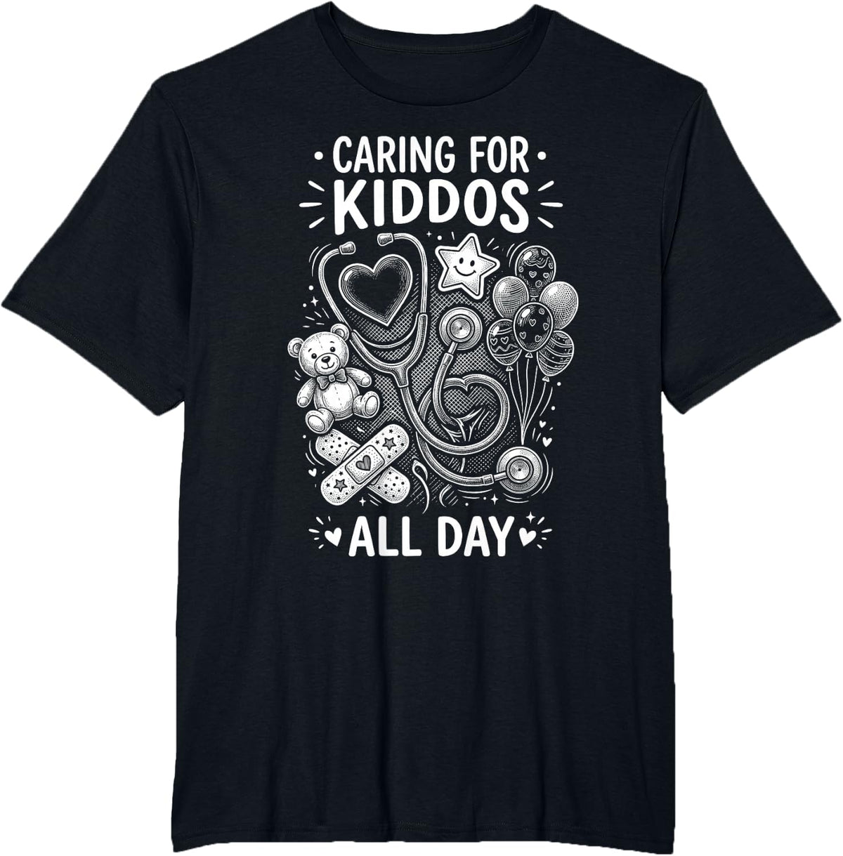 Caring for Kiddos All Day Pediatric Nurse Vintage T-Shirt - Black