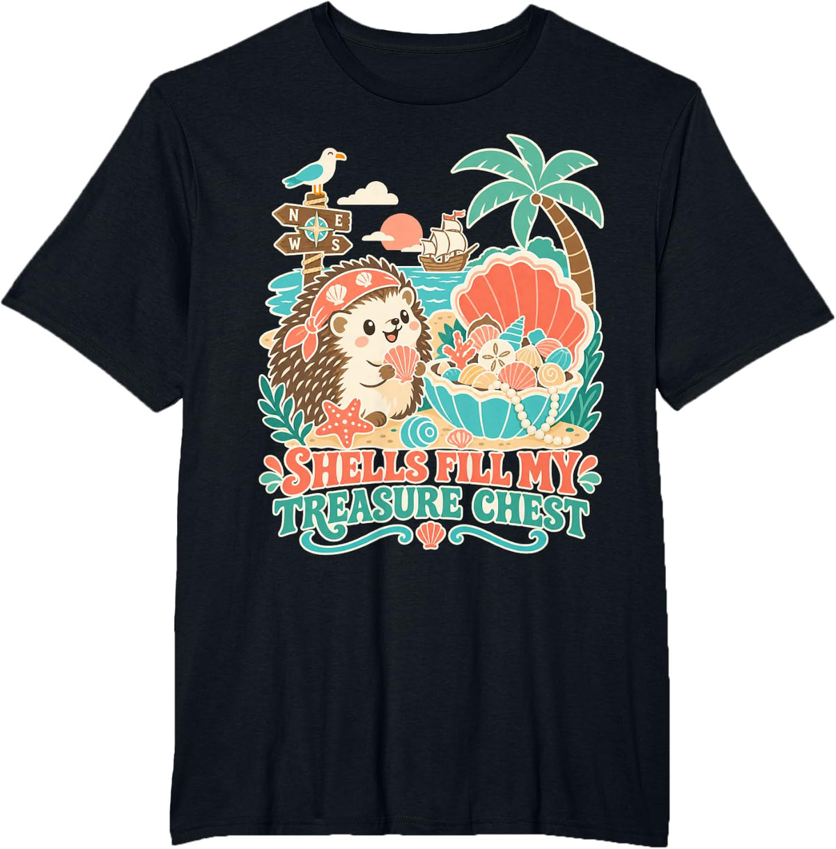 Hedgehog Collecting Shells at the Beach T-Shirt - Black