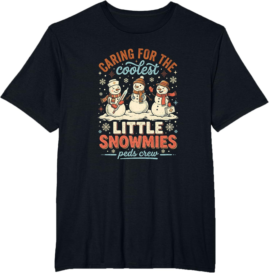Caring for The Coolest Little Snowmies Peds Crew Xmas T-Shirt - Black