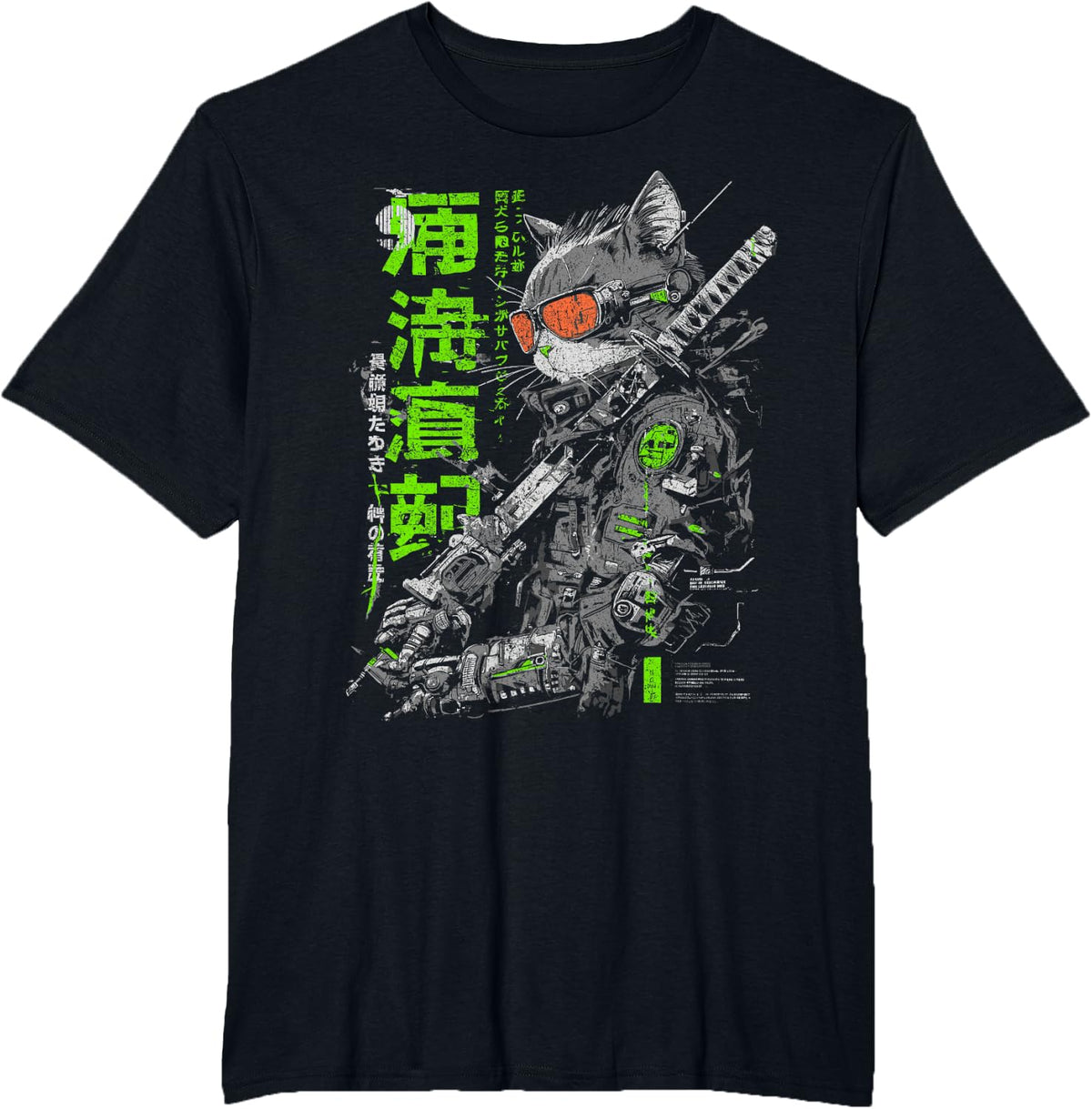 Japanese Streetwear Samurai Cat Cyberpunk Y2K Anime T-Shirt - Black