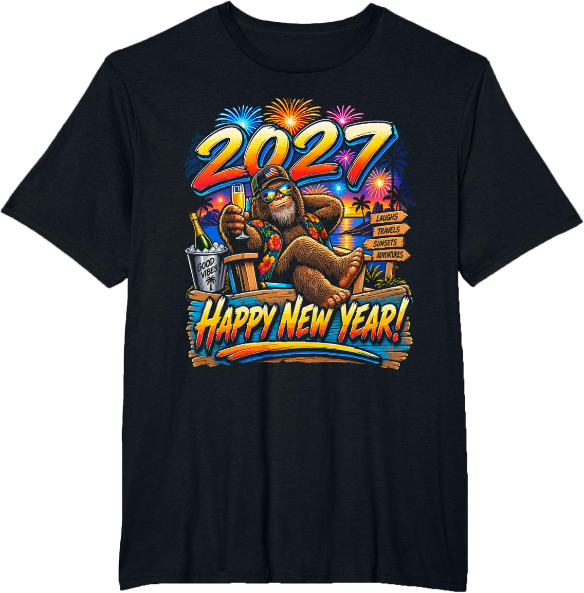Bigfoot Happy New Year 2027 Tropical Celebration Design T-Shirt - Black